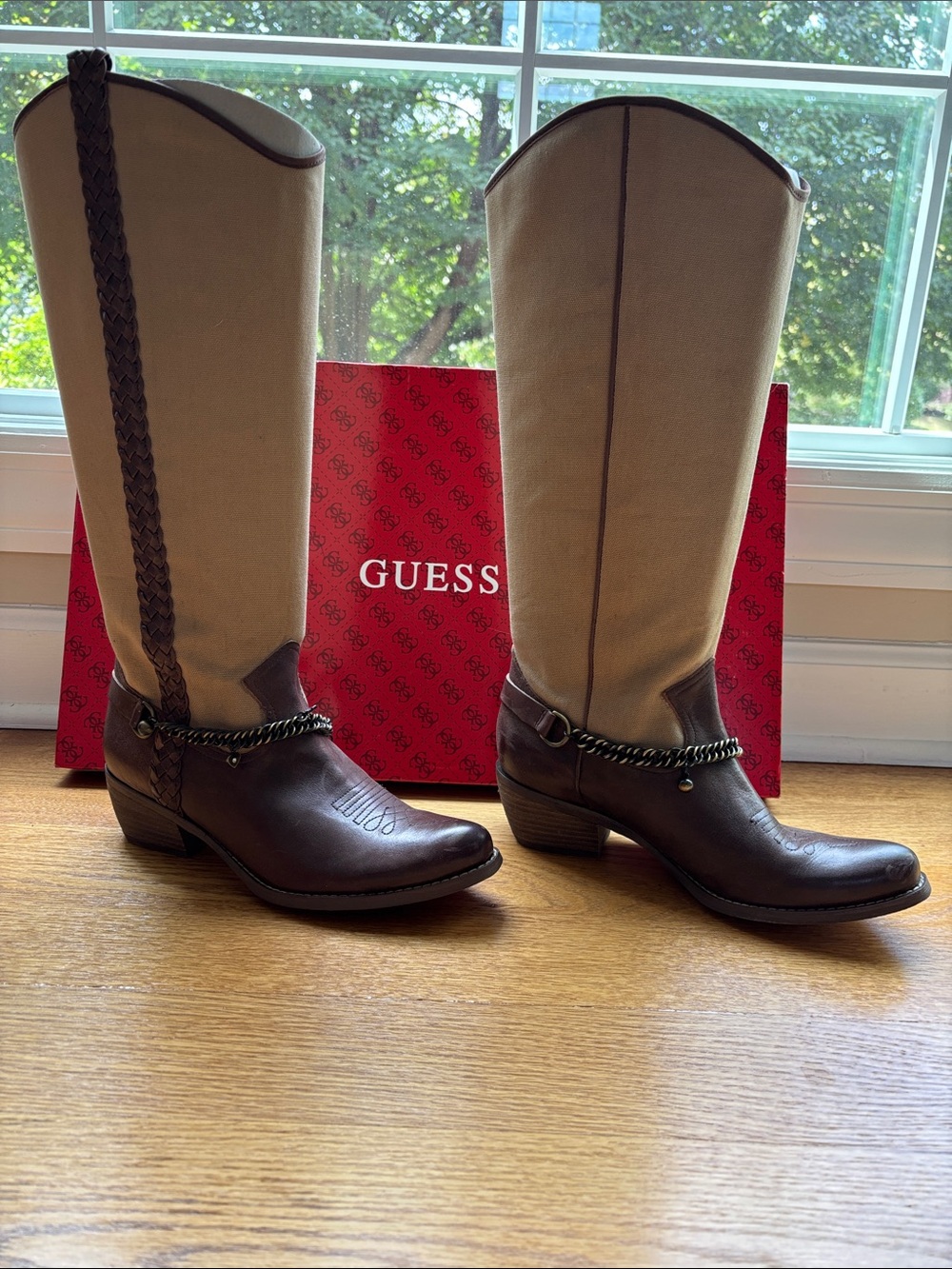 GUESS Brown Leather and Tan Canvas Knee-High Western Boots with Chain